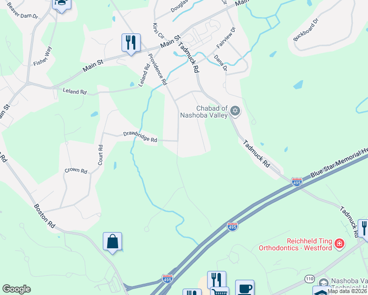 map of restaurants, bars, coffee shops, grocery stores, and more near 80 Providence Road in Westford