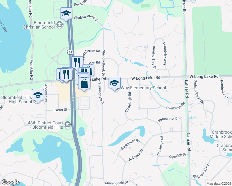 map of restaurants, bars, coffee shops, grocery stores, and more near 765 West Long Lake Road in Bloomfield Hills