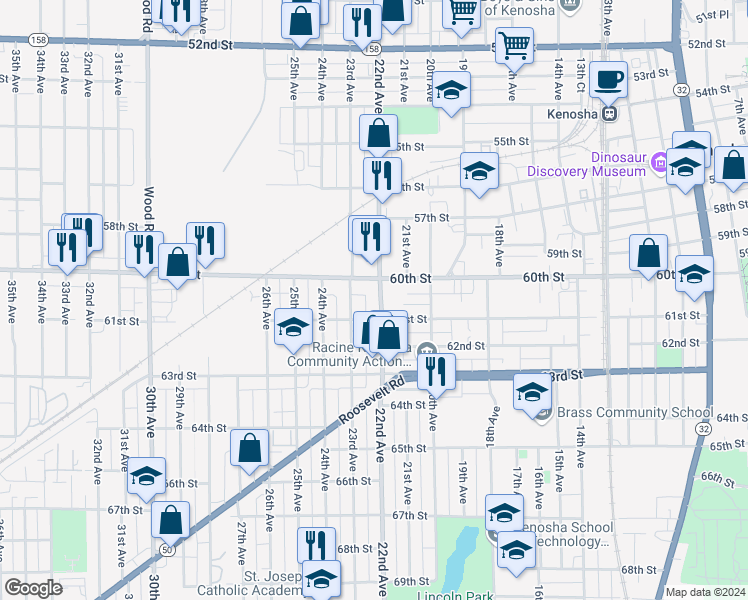 map of restaurants, bars, coffee shops, grocery stores, and more near 6018 22nd Avenue in Kenosha
