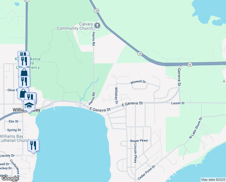 map of restaurants, bars, coffee shops, grocery stores, and more near 19 Wildwood Court in Williams Bay
