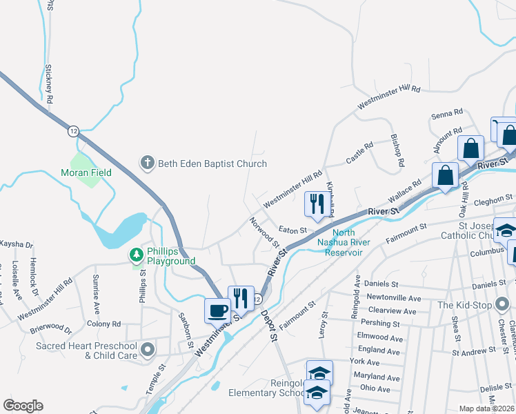 map of restaurants, bars, coffee shops, grocery stores, and more near 602 Westminster Hill Road in Fitchburg
