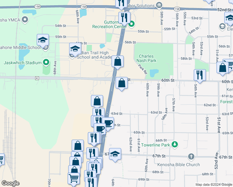 map of restaurants, bars, coffee shops, grocery stores, and more near 6121 Green Bay Road in Kenosha