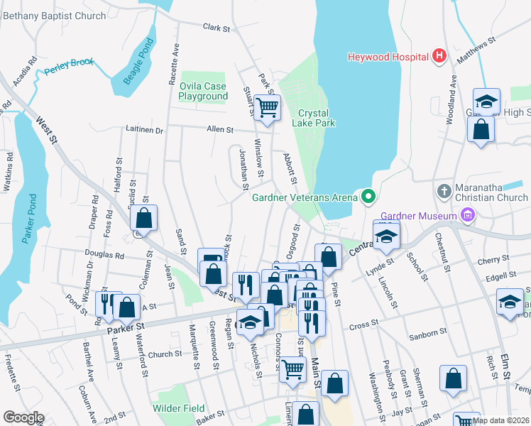 map of restaurants, bars, coffee shops, grocery stores, and more near 193 Oak Street in Gardner