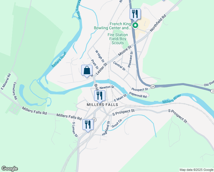 map of restaurants, bars, coffee shops, grocery stores, and more near 20 Newton Street in Montague