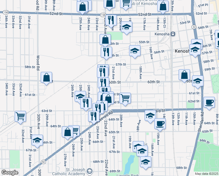 map of restaurants, bars, coffee shops, grocery stores, and more near 6001 22nd Avenue in Kenosha