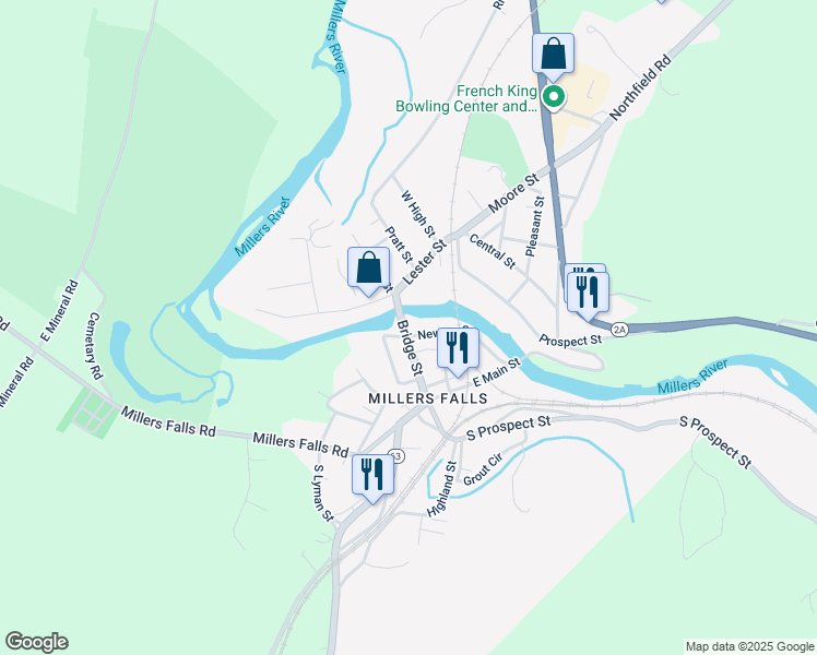 map of restaurants, bars, coffee shops, grocery stores, and more near 3 Bridge Street in Montague