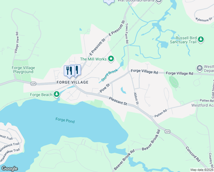 map of restaurants, bars, coffee shops, grocery stores, and more near 11 Pine Street in Westford