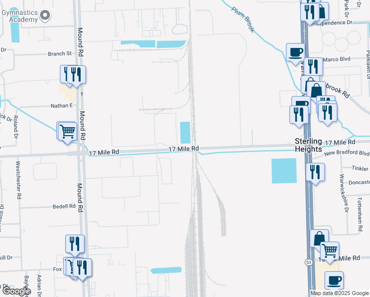 map of restaurants, bars, coffee shops, grocery stores, and more near 17 Mile Road in Sterling Heights