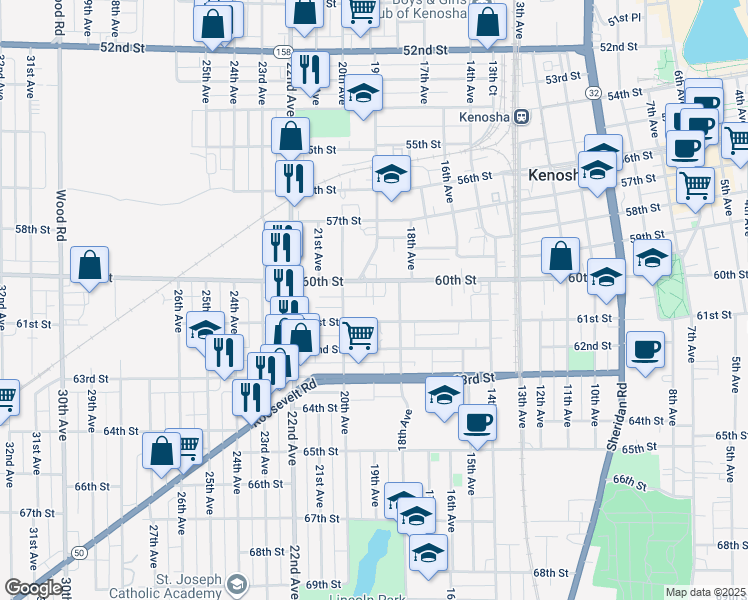map of restaurants, bars, coffee shops, grocery stores, and more near 6019 19th Avenue in Kenosha