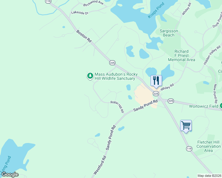 map of restaurants, bars, coffee shops, grocery stores, and more near 20 Quail Ridge Road in Groton