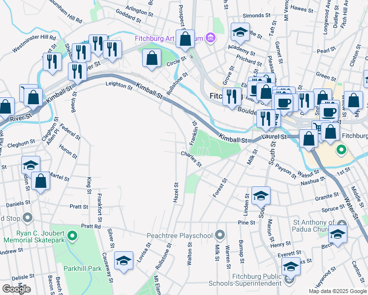 map of restaurants, bars, coffee shops, grocery stores, and more near 18 Hazel Street in Fitchburg