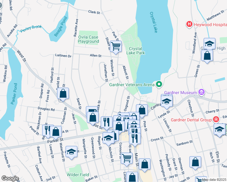 map of restaurants, bars, coffee shops, grocery stores, and more near 193 Oak Street in Gardner