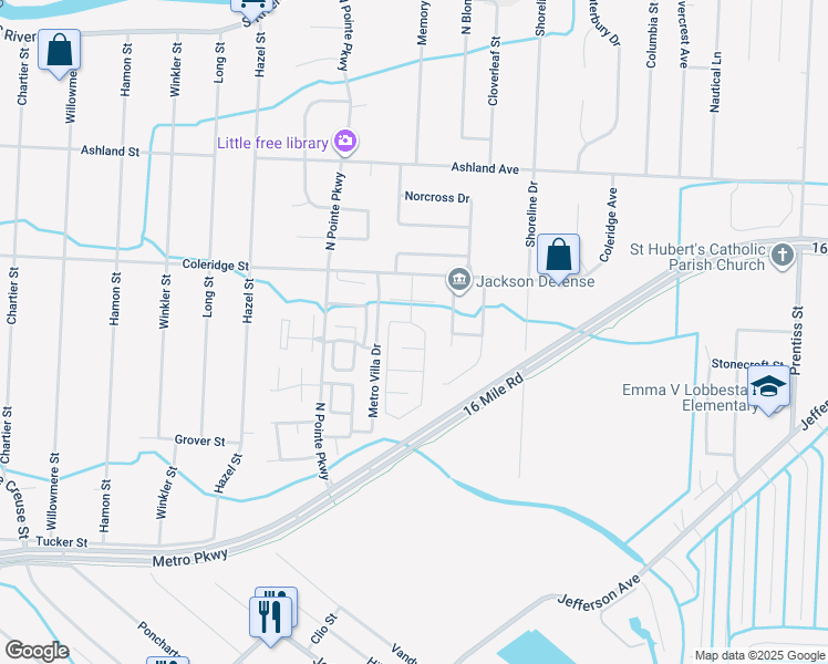 map of restaurants, bars, coffee shops, grocery stores, and more near 28067 East Maple Forest Boulevard in Harrison Township