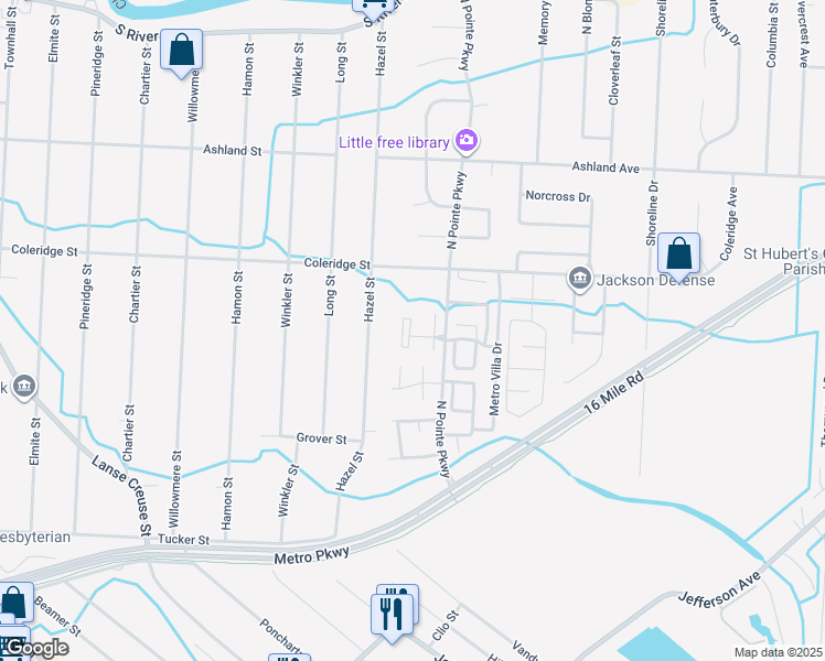 map of restaurants, bars, coffee shops, grocery stores, and more near 27651 Harrison Woods Lane in Harrison Township