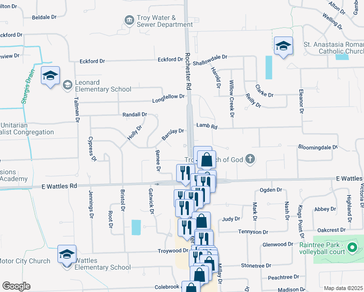 map of restaurants, bars, coffee shops, grocery stores, and more near 880 Barclay Court in Troy