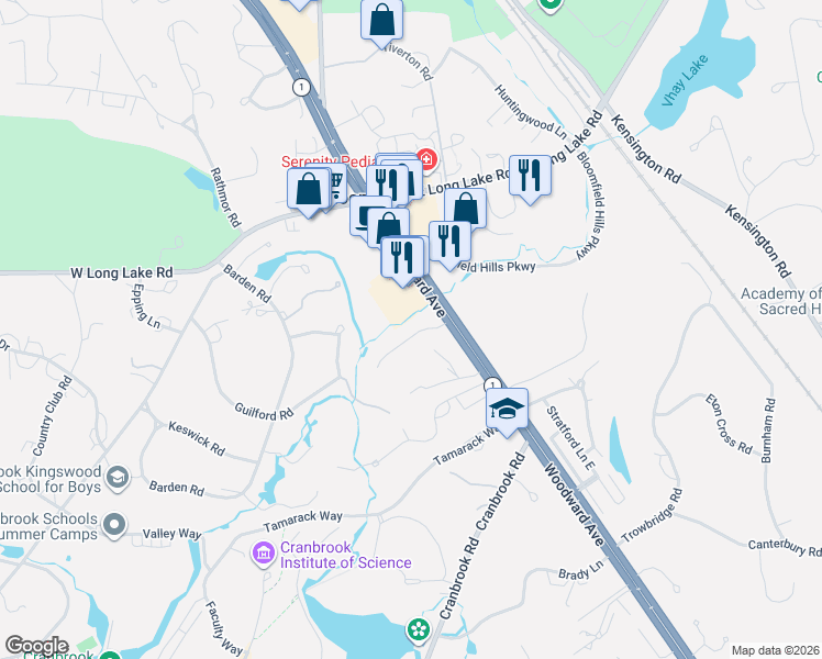map of restaurants, bars, coffee shops, grocery stores, and more near 32 Vaughan-Ridge Road in Bloomfield Hills