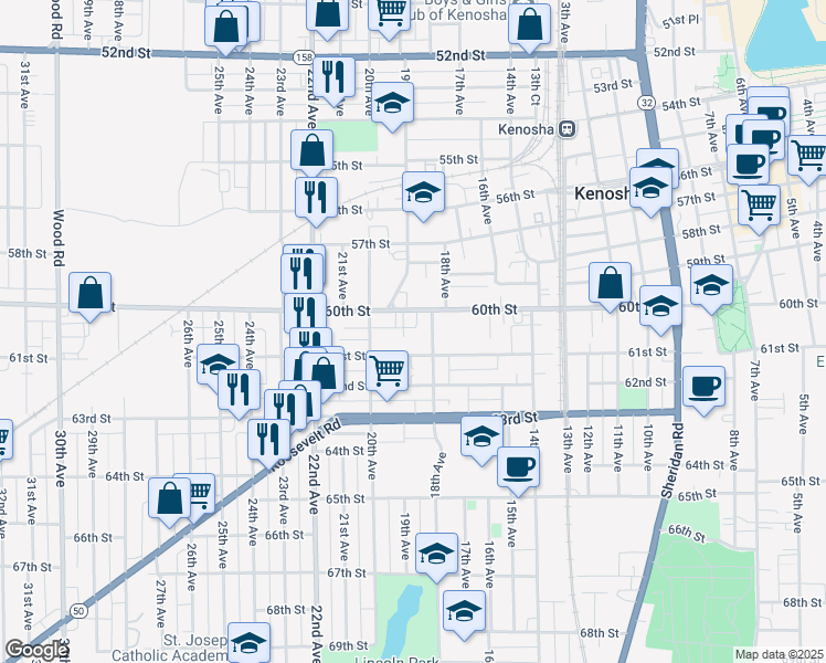 map of restaurants, bars, coffee shops, grocery stores, and more near 6017 19th Avenue in Kenosha