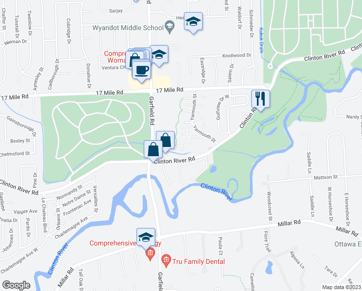 map of restaurants, bars, coffee shops, grocery stores, and more near 17023 Smugglers Cove Street in Charter Township of Clinton