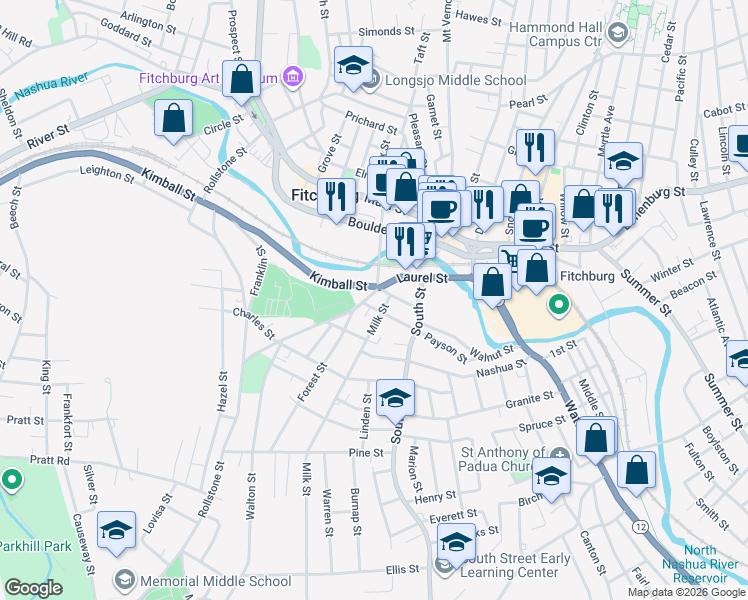 map of restaurants, bars, coffee shops, grocery stores, and more near 115 Laurel Street in Fitchburg