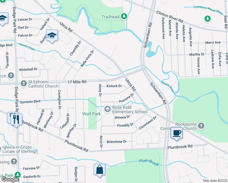 map of restaurants, bars, coffee shops, grocery stores, and more near 13064 Kinlock Drive in Sterling Heights