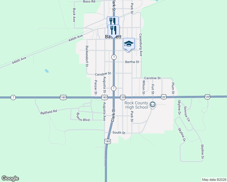 map of restaurants, bars, coffee shops, grocery stores, and more near 543 Clark Street in Bassett