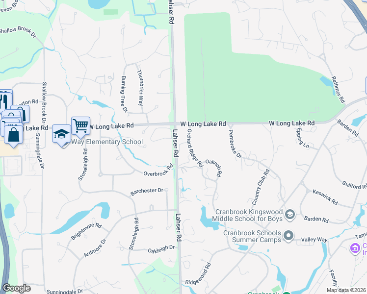 map of restaurants, bars, coffee shops, grocery stores, and more near 1343 Orchard Ridge Road in Bloomfield Hills