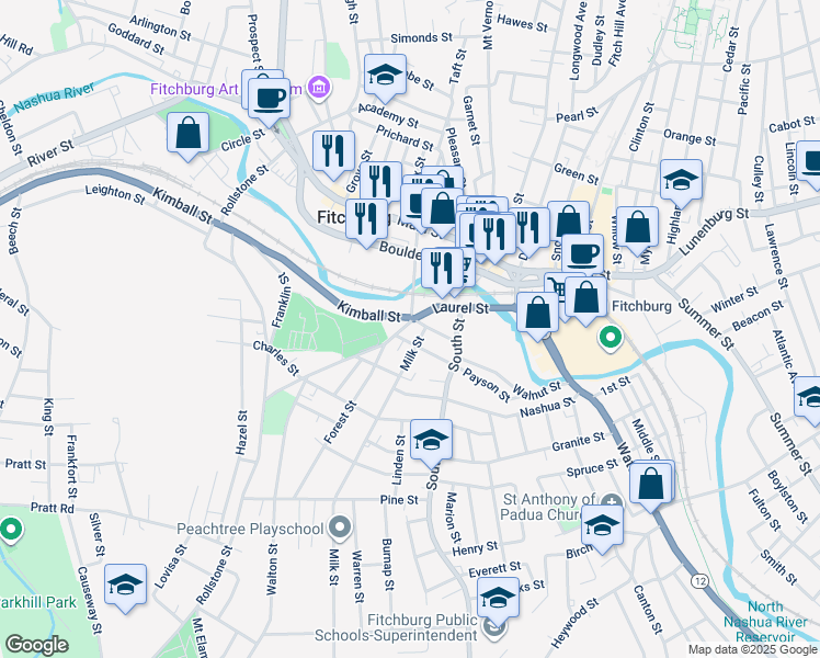 map of restaurants, bars, coffee shops, grocery stores, and more near 115 Laurel Street in Fitchburg