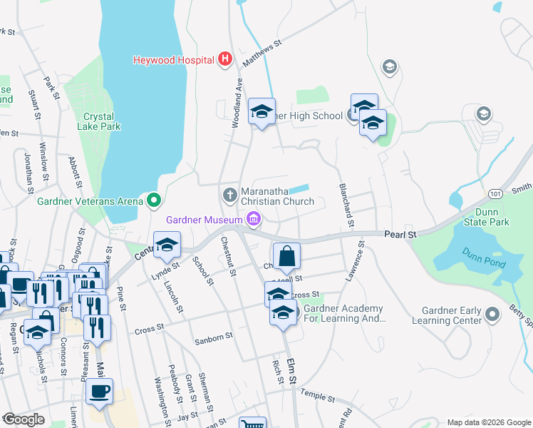 map of restaurants, bars, coffee shops, grocery stores, and more near 18 Highland Street in Gardner