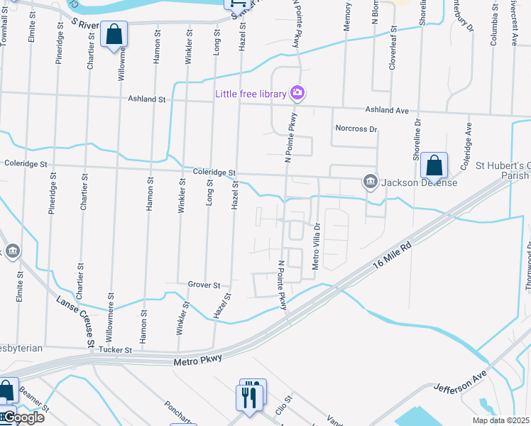 map of restaurants, bars, coffee shops, grocery stores, and more near 27651 Harrison Woods Lane in Harrison Township