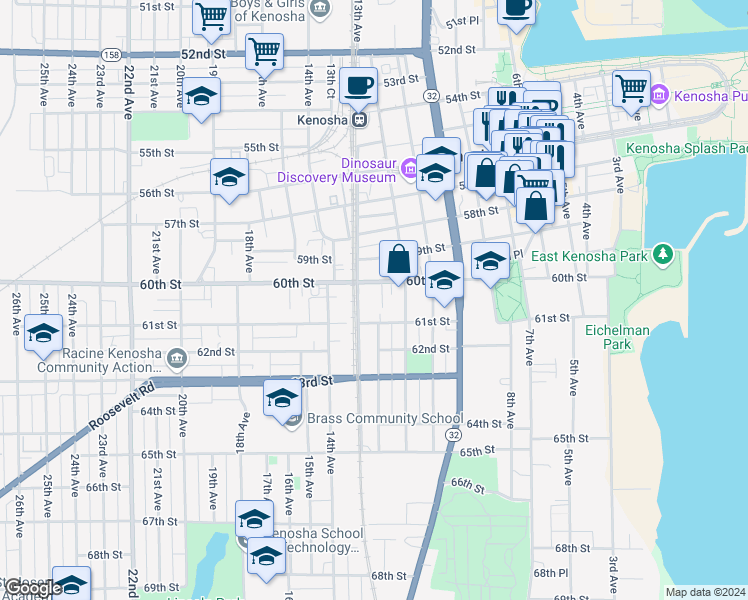 map of restaurants, bars, coffee shops, grocery stores, and more near 1207 60th Street in Kenosha
