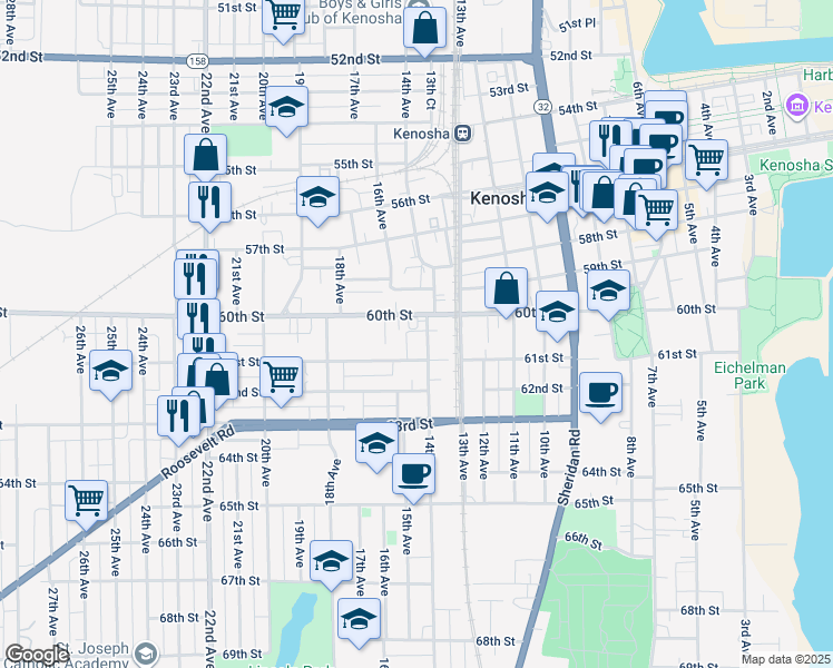 map of restaurants, bars, coffee shops, grocery stores, and more near 1505 60th Street in Kenosha