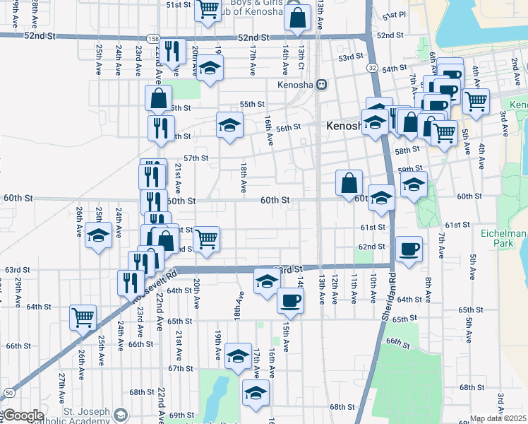map of restaurants, bars, coffee shops, grocery stores, and more near 1615 60th Street in Kenosha
