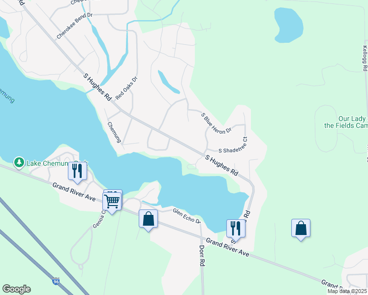 map of restaurants, bars, coffee shops, grocery stores, and more near 1462 South Hughes Road in Howell