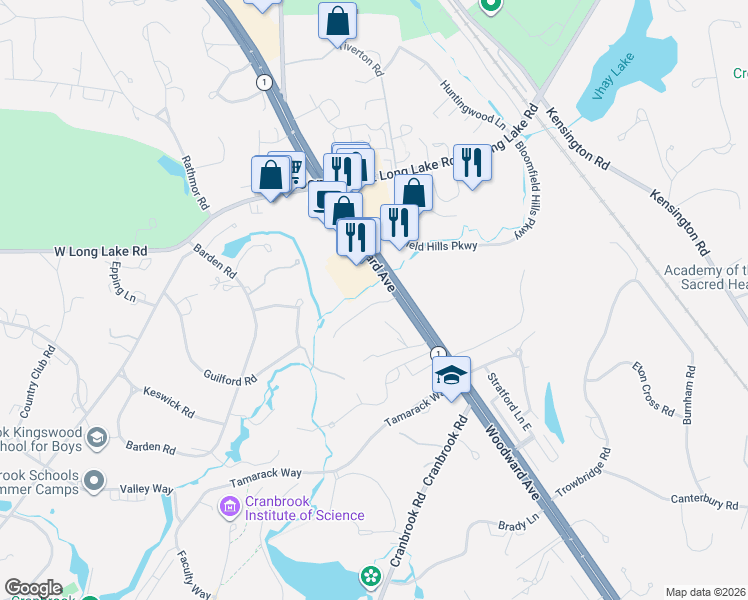 map of restaurants, bars, coffee shops, grocery stores, and more near 32 Vaughan-Ridge Road in Bloomfield Hills