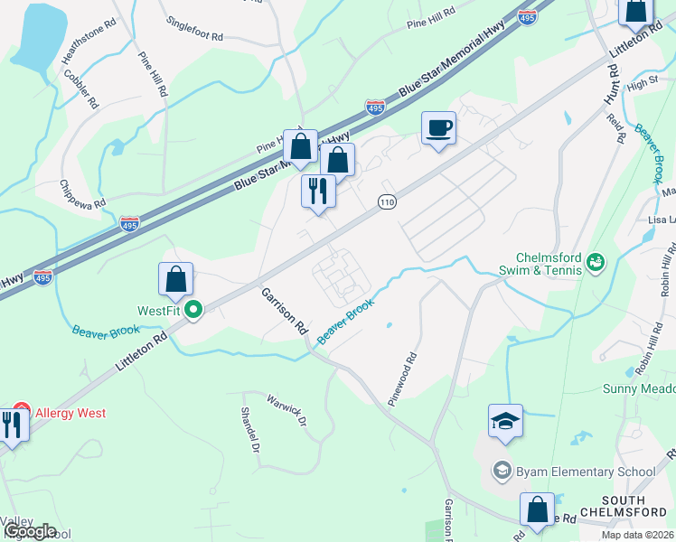 map of restaurants, bars, coffee shops, grocery stores, and more near 360 Littleton Road in Chelmsford