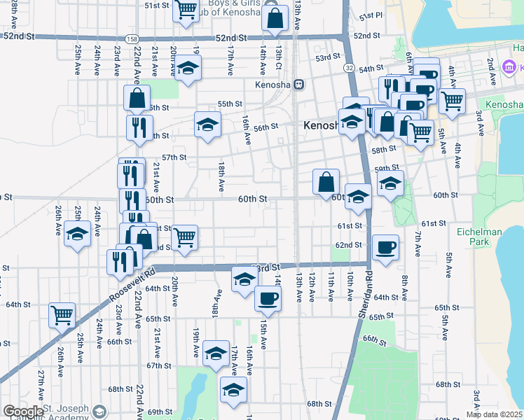 map of restaurants, bars, coffee shops, grocery stores, and more near 1505 60th Street in Kenosha