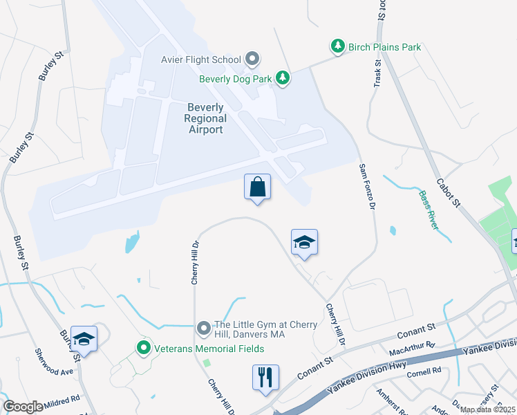 map of restaurants, bars, coffee shops, grocery stores, and more near 72 Cherry Hill Drive in Beverly
