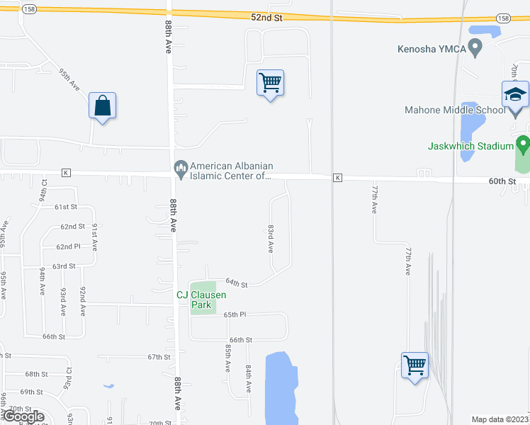 map of restaurants, bars, coffee shops, grocery stores, and more near 6118 83rd Avenue in Kenosha