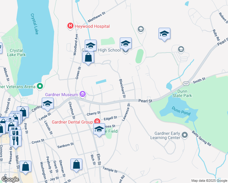 map of restaurants, bars, coffee shops, grocery stores, and more near 93 Highland Street in Gardner
