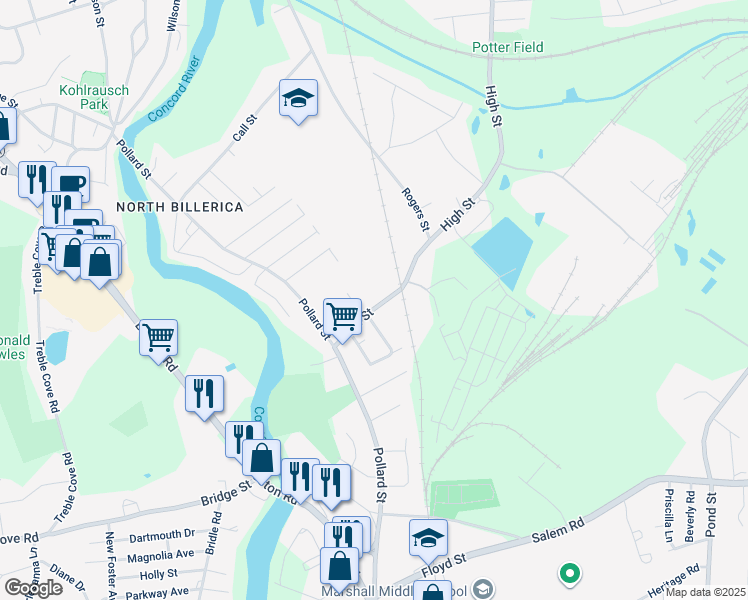 map of restaurants, bars, coffee shops, grocery stores, and more near 7 Millpond Drive in Billerica