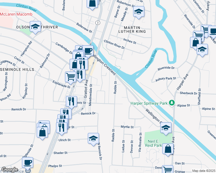 map of restaurants, bars, coffee shops, grocery stores, and more near 38577 Wellington Drive in Clinton Township