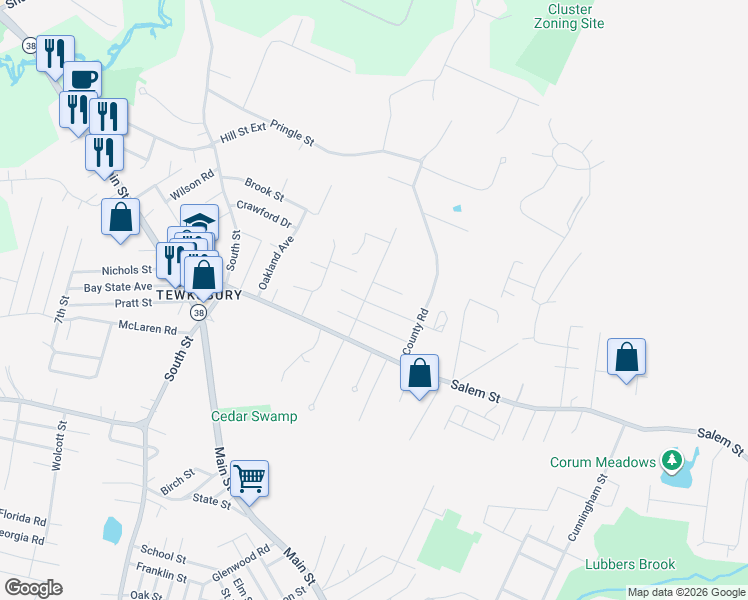 map of restaurants, bars, coffee shops, grocery stores, and more near 40 Pinedale Avenue in Tewksbury