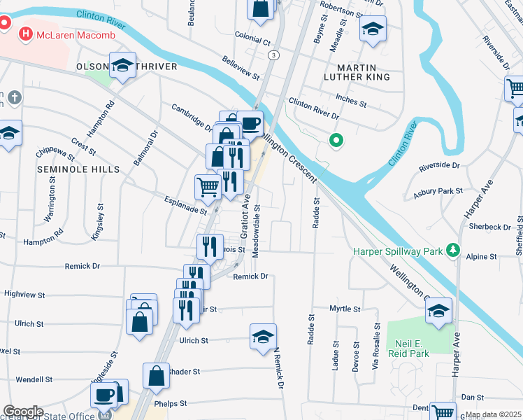 map of restaurants, bars, coffee shops, grocery stores, and more near 38576 Southbound Gratiot Avenue in Clinton Township