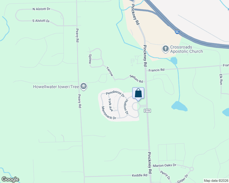 map of restaurants, bars, coffee shops, grocery stores, and more near Penobscot Drive in Howell