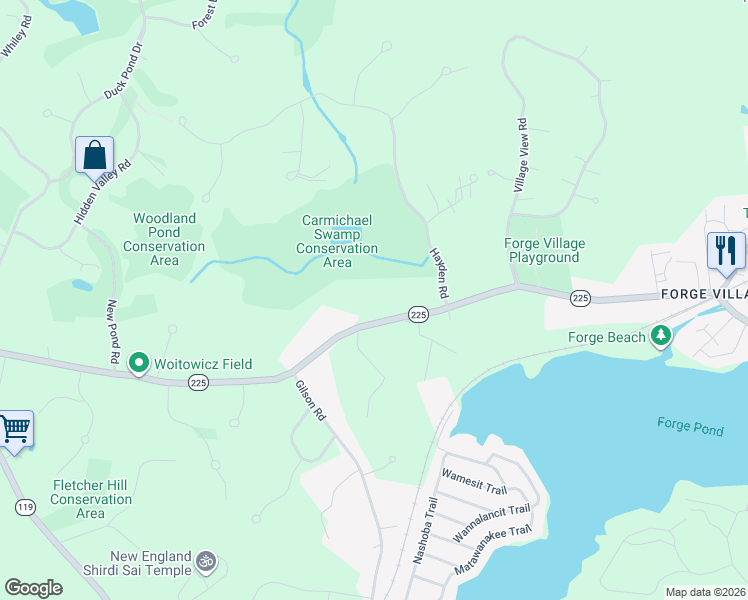 map of restaurants, bars, coffee shops, grocery stores, and more near 279 Forge Village Road in Groton