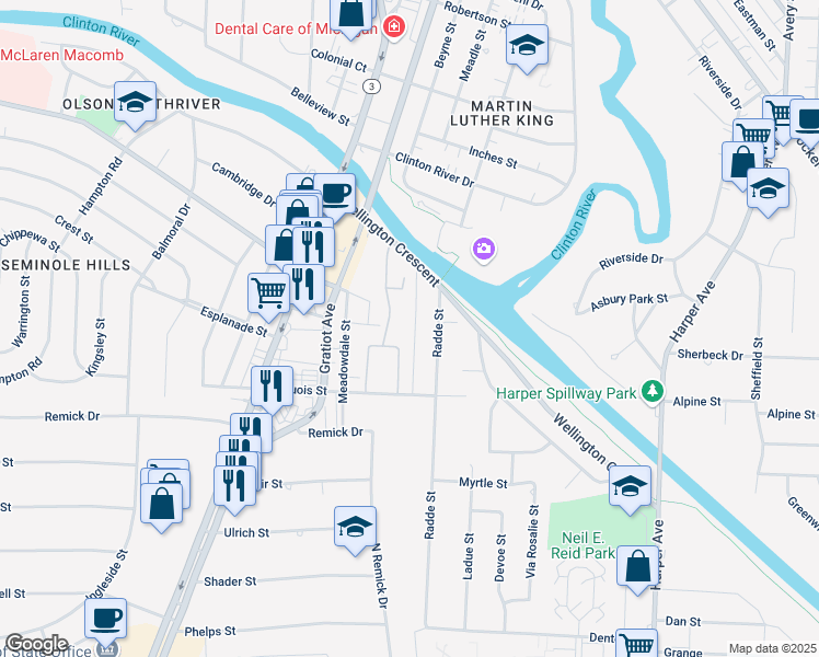 map of restaurants, bars, coffee shops, grocery stores, and more near 38577 Wellington Drive in Clinton Township