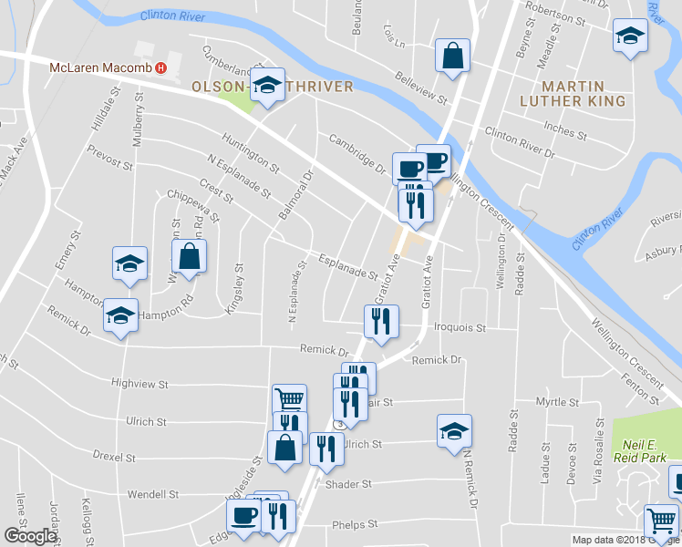 map of restaurants, bars, coffee shops, grocery stores, and more near 245 Esplanade Street in Mount Clemens