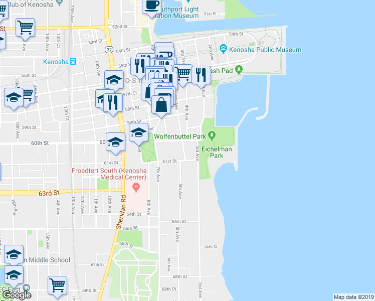 map of restaurants, bars, coffee shops, grocery stores, and more near 6015 5th Avenue in Kenosha