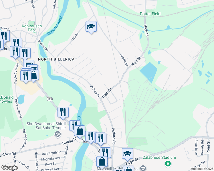 map of restaurants, bars, coffee shops, grocery stores, and more near 7 Millpond Drive in Billerica