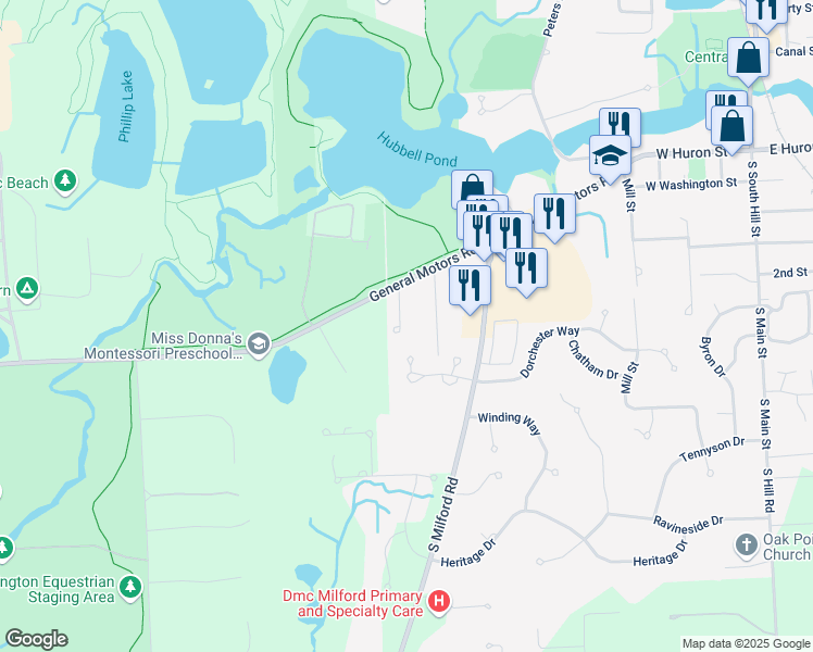 map of restaurants, bars, coffee shops, grocery stores, and more near 162 Cottage Lane in Milford Charter Township